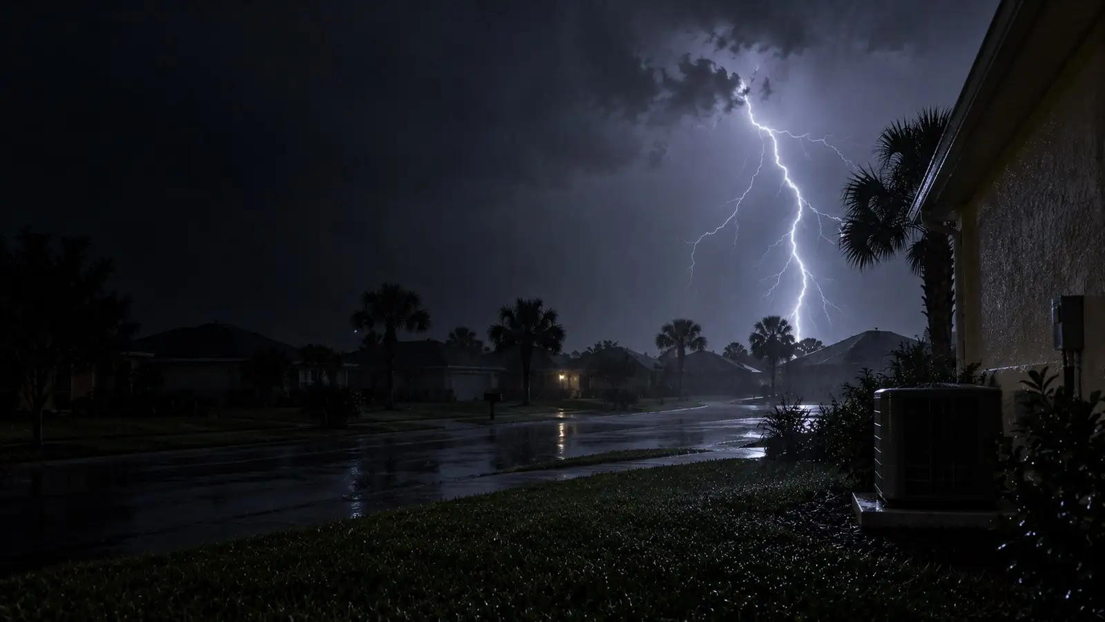 Illustration: lightning striking behind the rooftops of a Florida street at night, an outdoor condensing unit in the foreground